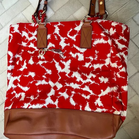 Milly Red & White Splatter, Canvas & Leather Saddle Tote Shoulder Bag - Picture 1 of 5